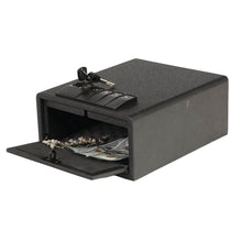 Load image into Gallery viewer, Surelock Security Co QuickTouch Vault Digital Safe open to reveal valuables. Backup key, digital keypad and biometric scanning