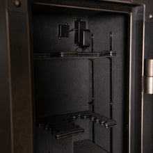 Load image into Gallery viewer, rugged 26 gun and home safe with digital keypad for home security. inside of safe showing felt interior and organizational shelving