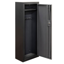 Load image into Gallery viewer, Surelock Security grey and black combat cabinet for gun and home safety. opened to reveal shelves and gun barrel rests