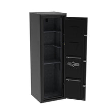 Load image into Gallery viewer, Surelock Security Cascade 12 Gun Safe sleek black design with silver logo and lettering, L handle, and electronic lock. open to reveal grey felt interior with modular shelving