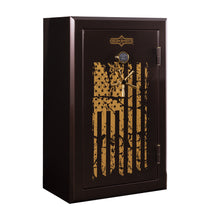 Load image into Gallery viewer, Surelock Security Freedom Flag 30 Gun and Home Safe - burgundy with gold distressed american flag graphic, side angle.