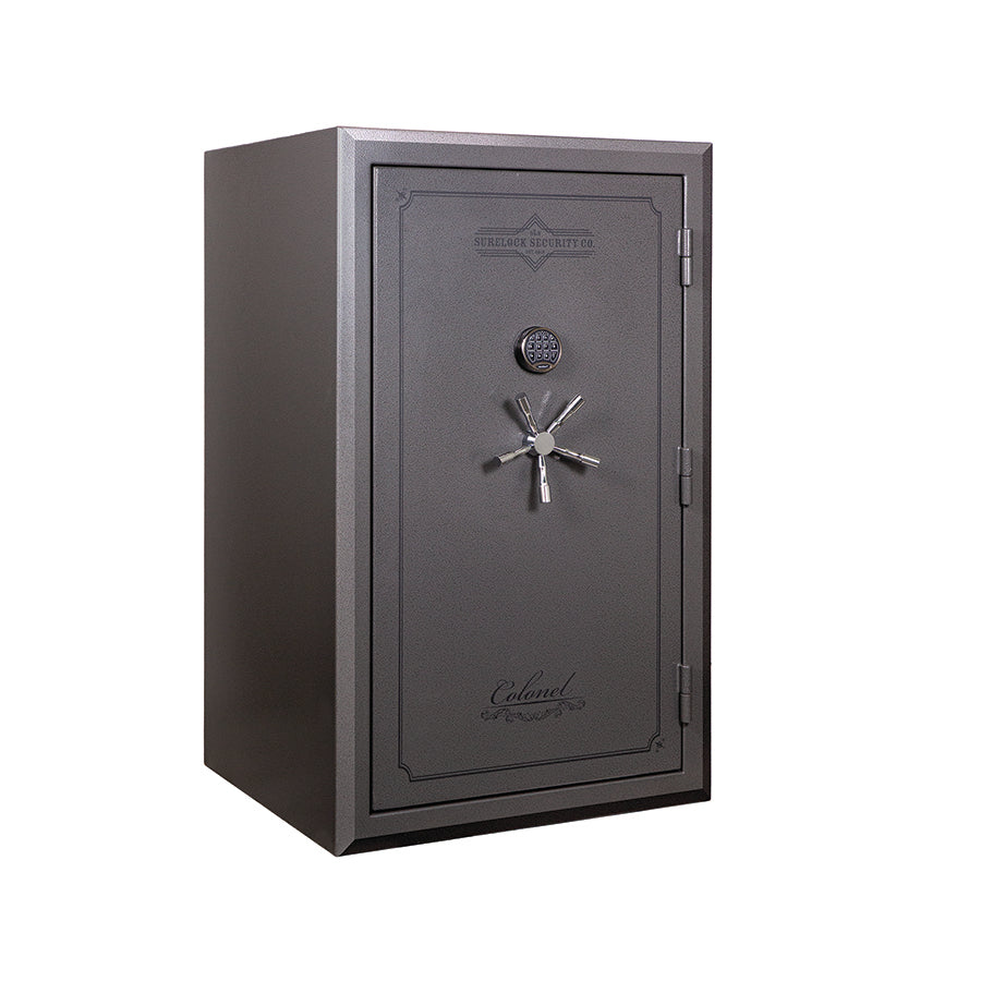 Surelock Security Colonel 32 Gun and Home Safe - grey color with silver handle and accents, side angle.