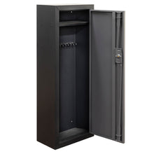 Load image into Gallery viewer, Surelock Security grey and black combat cabinet for gun and home safety. opened to reveal shelves and gun barrel rests
