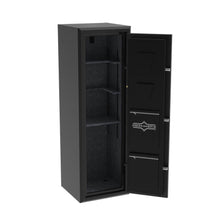 Load image into Gallery viewer, Surelock Security Cascade 12 Gun Safe sleek black design with silver logo and lettering, L handle, and electronic lock. open to reveal grey felt interior with modular shelving
