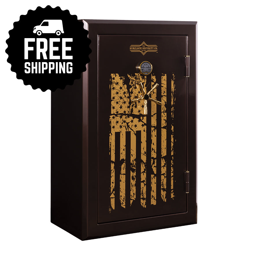 Surelock Security Freedom Flag 30 Gun and Home Safe - burgundy with gold distressed american flag graphic, side angle, free ship