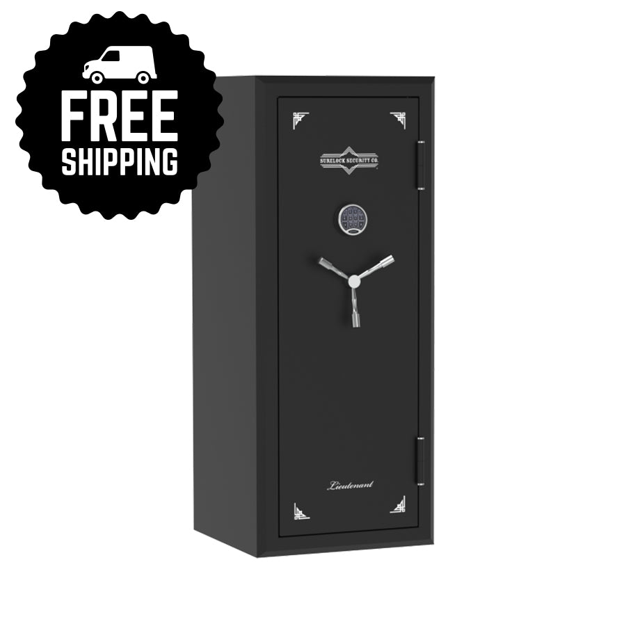 Surelock Security Lieutenant 18 Gun and Home Safe - black with silver handle, side angle. Free Ship