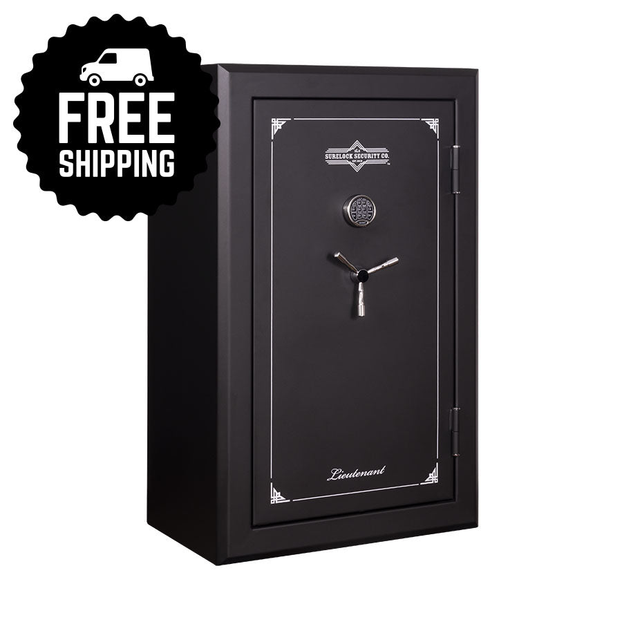 Surelock Security Lieutenant 30 Gun and Home Safe - black with silver handle, side angle. Free shipping