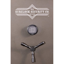 Load image into Gallery viewer, detail shot of surelock security logo, safe handle, and keypad
