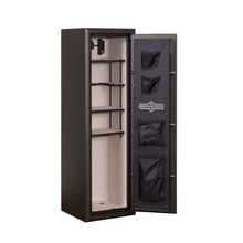 Load image into Gallery viewer, safe door open to reveal light colored fabric interior with shelves and fabric pockets on door
