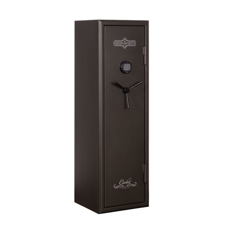 dark colored, vertical safe with white engraved logo on front