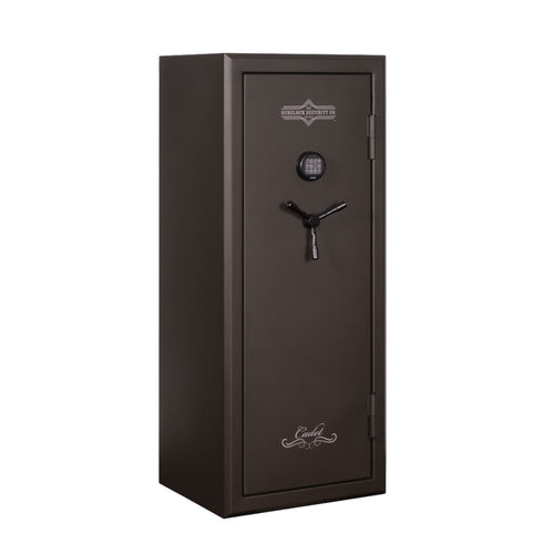 dark colored, vertical safe with white logo accents on front