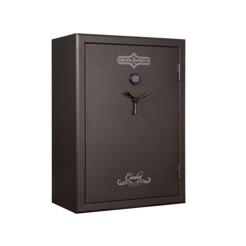 dark colored large safe with white accents on front of door
