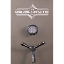 Load image into Gallery viewer, detail shot of front of safe wit surelock logo, keypad, and safe handle
